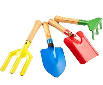 Kids Gardening Tools Set, 8" Safe Beach Sandbox Toy Made of Metal with Sturdy Wooden Handle Gardening Equipment Fork, Trowel, Rake & Shovel for C
