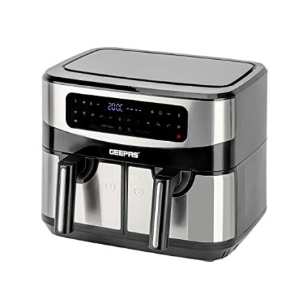 Geepas Vortex 9L Dual Basket Air Fryer – Family-Sized 10-in-1 Digital Convection Air Fryer with LED Touchscreen, 60 Minutes Timer & Non-Stick Bas