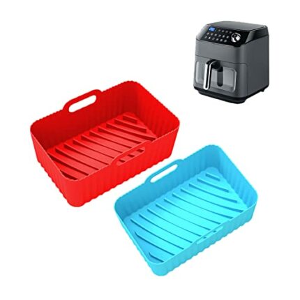 Tosakey 2Pcs Air Fryer Liners Silicone Ninja Airfryer Accessories, Reusable Food Grade Pan Accessory 7.6IN-8.0IN Air Fryer Pot Basket (Blue+Red R