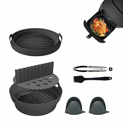 New Touch 5 in 1 Silicone Air Fryer Liner Set - 8.3" Air Fryer Silicone Liner with Divider, Food Tongs, 2 Mitts & Oil Brush for Microwave, Oven,