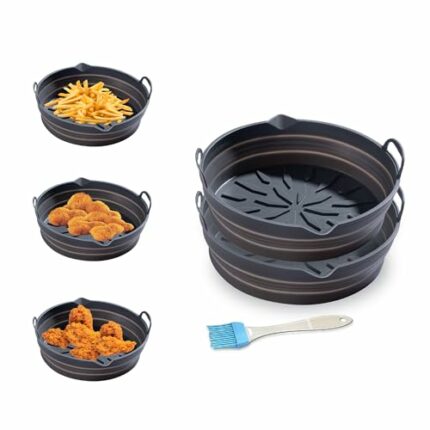 Silicone Air Fryer Liner (Grey) Pack of 2 with Oil Brush, Non-Stick, Heat Resistant, Foldable, Reusable Round air Fryer Liners, 8 Inches for Airf