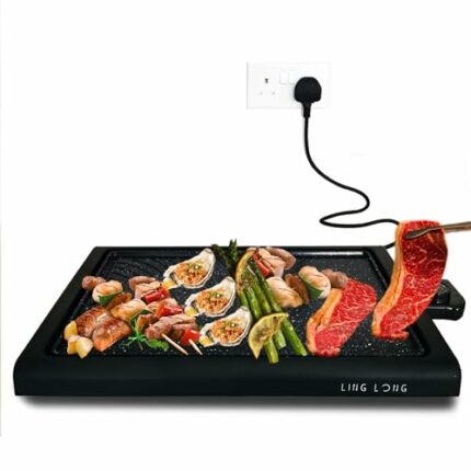 Ling Long Deluxe Smokeless Electric BBQ Grill - 1600W, Nonstick Coating, Adjustable Temp - Easy-Clean Teppanyaki Grill with Removable Plate & Fat