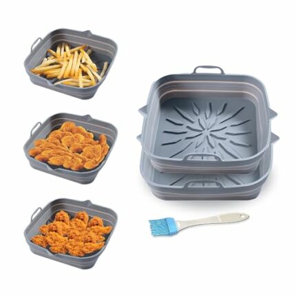 Silicone Air Fryer Liner (Grey) Pack of 2 with Oil Brush, Non-Stick, Heat Resistant, Foldable, Reusable Square air Fryer Liners, 8 Inches for Air