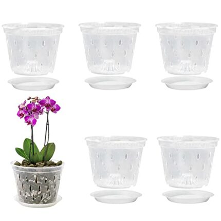 Foreverup 14CM Plastic Plant Pots, 5 Pack Plastic Flower Plant Pots with Drainage Holes and Saucers, Clear Orchid Pots Plant Pots Indoor Breathab