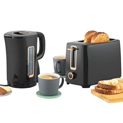 Progress COMBO-8006 Kettle and Toaster Set – Black & Gold 1.7 L Kettle with Flip Top Lid & Removable Limescale Filter, Electric 2-Slice Toaster,