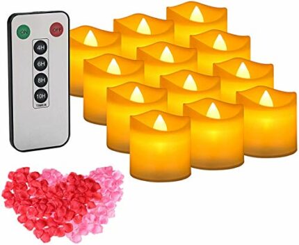IMAGE 12PCS Tealights Remote Control LED Candle Lights Timer Tea Lights Battery Operated T-Light Candles with Rose Petals for Valentine's Day, We