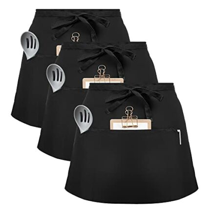 InnoGear 3 Pack Waist Apron, Black Waiter Waitress Aprons with 3 Pockets Bistro Restaurant Gardening Half Apron for Men and Women(Black,Polyester