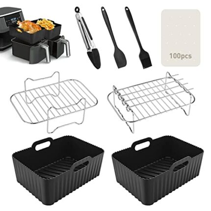 Air Fryer Accessories, Set of 8 for Ninja Dual AF300UK AF400UK Including Silicone Air Fryer Liner & Dual Air Fryer Racks & Paper Lining etc Dual