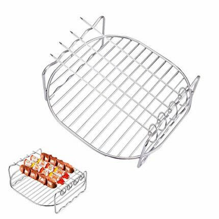 HSIULMY Air Fryer Double Layer Rack, Multi-purpose Air Fryer Accessories with 4 Skewers, 6.8 Inch Stainless Steel Airfryer Grill Pan Compatible w