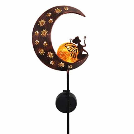 TERESA'S COLLECTIONS Garden Ornaments Outdoor for Garden Gifts, 100cm Metal Fairy Sitting on Moon Solar Lights, Solar Stake with Crackle Glass Ba