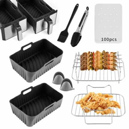Air Fryer Accessories, Set of 9 for Ninja Dual Air Fryer AF300UK AF400UK Including Silicone Air Fryer Liners, Dual Air Fryer Racks, Paper Lining,