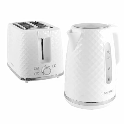 Salter COMBO-8745 Set – White Fast Boil 1.7L Kettle, 2-Slice Wide Slot Toaster, 360 Swivel Base, Limescale Filter, 7 Browning Levels/Defrost/Rehe