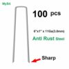 100-Pack Anti-Rust Galvanized Garden Ground Pegs Staples 6" /150mm, 11 Gauge (3.0mm) Heavy Duty Steel Sod Stakes Anchor Pin U-Shaped Lawn Garden