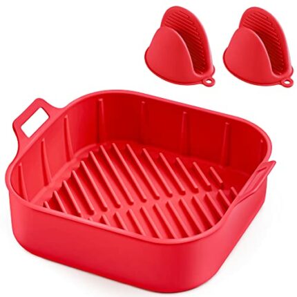 Upgraded Air Fryer Silicone Liner, HEETA Reusable Air Fryer Silicone Pot with Gloves 22cm Airfryer Accessories Compatible with Ninja/Tower/COSORI