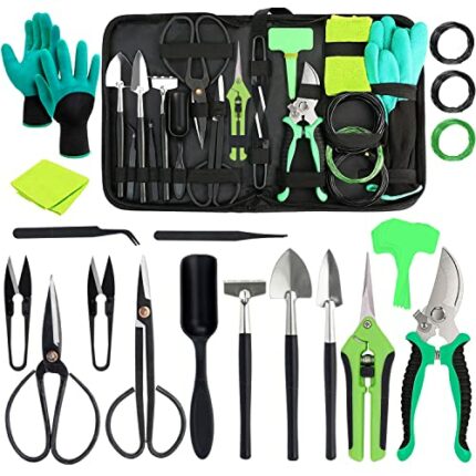 TeTupGa Gardening Bonsai tools set, 25 PCS Carbon Steel indoor Outdoor Plant Trimming Tool Kit Tree Care Bag With Bonsai Wire, Pruning Shears,Sci