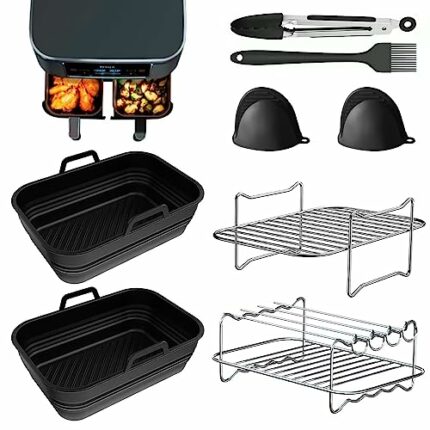 Alrens 8.5'' Foldable Silicone Air Fryer Liners, Dual Accessories Set for Ninja AF400UK &AF451UK, Kit with Rack, Gloves, Food Clip, Oil Brush
