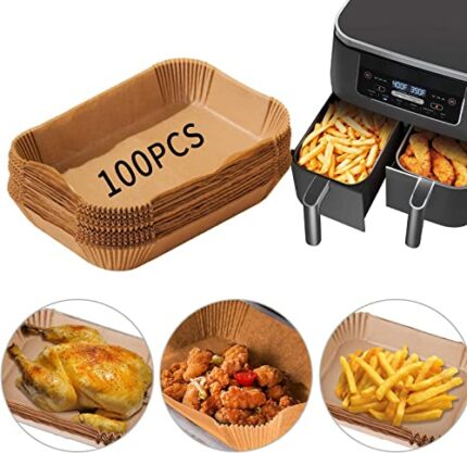 MEHKLER Air Fryer Liners for Ninja Dual, 100PCS 8.7 Inch Disposable Air Fryer Parchment Paper Liner Rectangle, (7.6L & 9.6L), Oil and Water Proof
