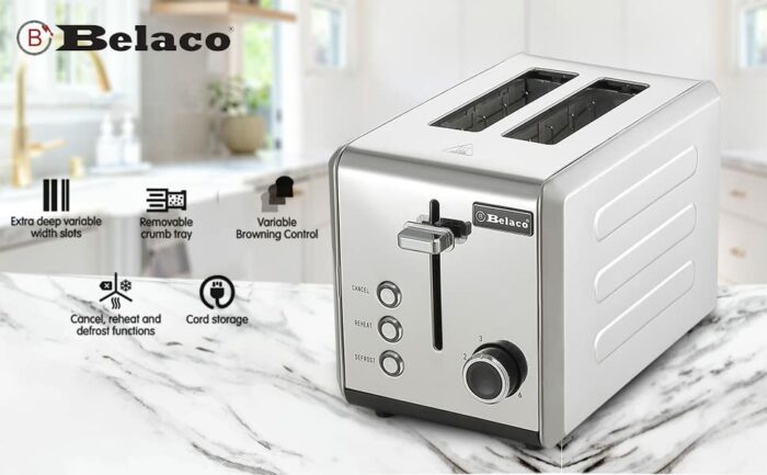 Belaco 2-Slice Toaster Wide Slots with Frozen, Cancel and Reheat Settings, Full Stainless-Steel Body, 810W