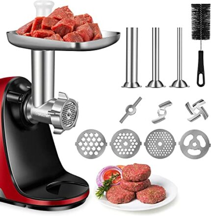 Metal Food Grinder Attachment for AMZCHEF Slow Juicer, ZM1501&GM3001-Meat Grinder Attachment Included 3 Sausage Stuffer Tubes & A Holder,4 Grindi