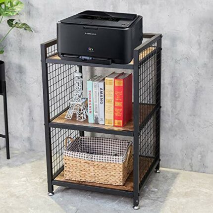 HANS CAO Industrial 3-Shelf Printer Stand, Rustic Printer Cart with Wheels, Large Printer Desk Cart with Storage Shelves, Office Organizer for Ho