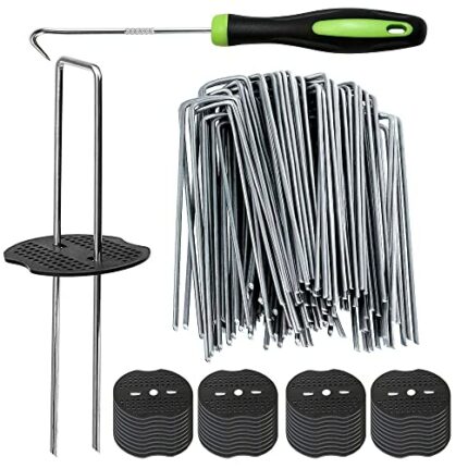 Bakulyor 50 Weed Control Membrane Pegs + 50 Buffer Washer, 6"/150mm Weed Mat Pegs, Metal Garden Landscape Staples Artificial Grass Pins Ground Co