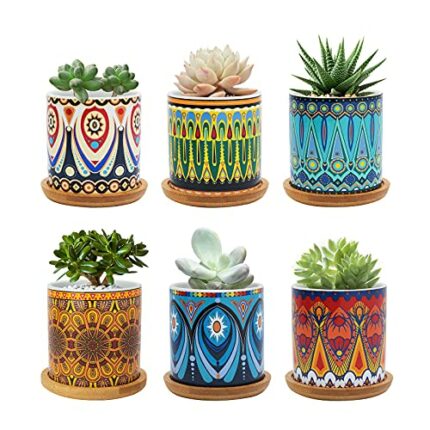 Warmplus 7.5CM Succulent Plant Pot, Ceramic Mandala Pattern Cactus Plants Pot, Small Plant Pots for Indoor Outdoor Plants with Bamboo Tray, and G