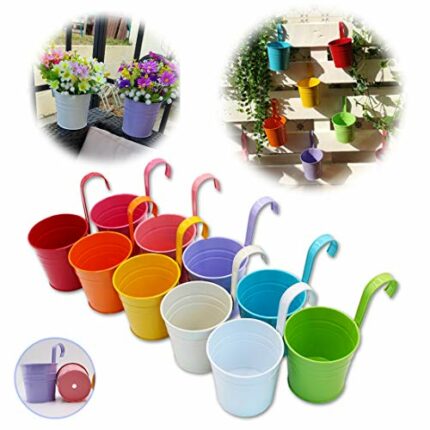 GIOVARA Metal Flower Pot Vase Bucket Hanging Garden Planter with Drainage Hole, Balcony Home Decor, Detachable Hook (10 Pcs with Assorted 10 Colo