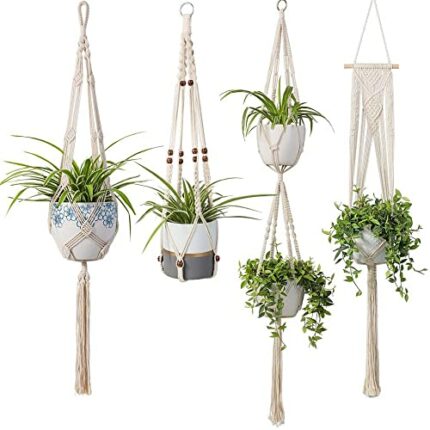 Macrame Plant Hanger 4 Pack with Hanging Basket Hooks, Indoor, Outdoor Sturdy Holder for Plants, Flower Pot Hangers, Hand-made Decorative Wall Ce