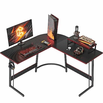 CubiCubi L Shaped Gaming Desk Computer Office Desk with Carbon Fiber Surface, 47 inch Corner Desk with Large Monitor Stand for Home Office Study