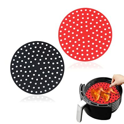 NITAIUN 2 Pieces Non-Stick Air Fryer Liners, 8 inch Round Round Reusable Silicone Air Fryer Mats Heat Resistant Steamer Mats BPA Free Perforated