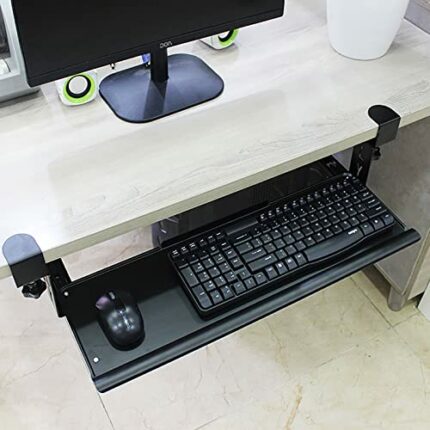 WANGFENG Adjustable Pull Out Computer Drawer, Keyboard Clamp Tray Under Desk Slide-Out Keyboard Shelf With C Clamp Mount System for Home or Offic