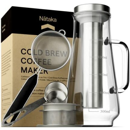 Nataka Cold Brew Coffee Maker - Iced Coffee Maker, Cold Brew Pitcher, Cold Brew Maker, Ice Coffee Maker w/Coffee Scoop & Tea Filter, Thick Glass,