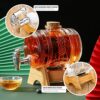 Whiskey Decanter Set, Barrel Glass Dispenser with Tap and Wooden Stand Set, 1L Drink Dispenser for Beer Wine Scotch Bourbon Lemonade Liquor Party