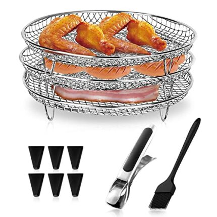 Savieva Stackable Air Fryer Rack, Stainless Steel 3-Layer Dehydrator Racks with 6pcs Silicone Feet for 4.8-6.6L Ninja Dual Air Fryer, Oven, Micro