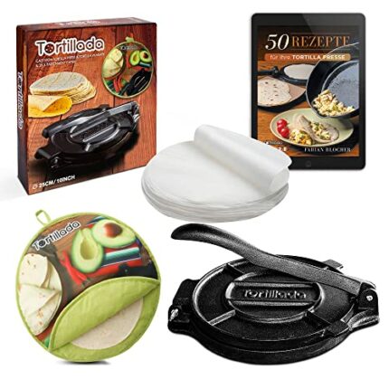Tortillada – 25cm Premium Cast Iron Tortilla Press + E-Book"50 Tortilla Recipes" + Tortilla Warmer incl. 100pcs Parchment