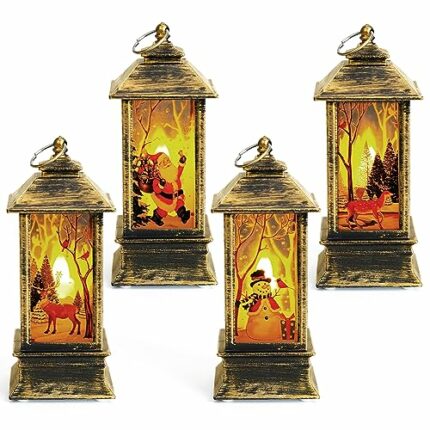 BELLE VOUS 4 Pack of Vintage Christmas LED Candle Lanterns - Decorative Hanging Fireless Night Light Lamps for Xmas - Santa Claus, Snowman and El