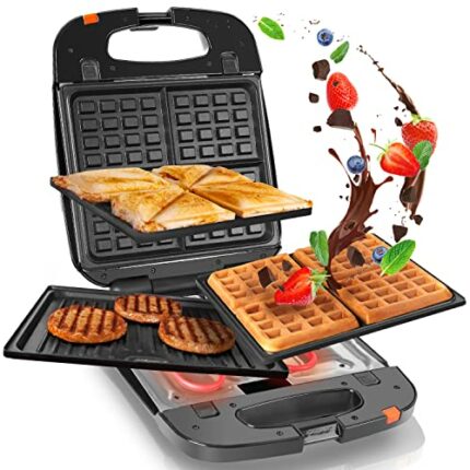 Duronic 3-in-1 Snack Maker SWM60 | Panini Press & Griddle, Waffle Iron, Toastie Sandwich Maker | 3 SETS OF INTERCHANGEABLE PLATES | 1200W | Non-S
