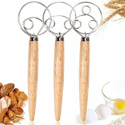 Kalolary 3PCS Danish Dough Whisks, Premium Mixing Whisk Tools for Kitchen Baking Wooden Handle Stainless Steel Manual Dough Mixer Bread Cake Maki