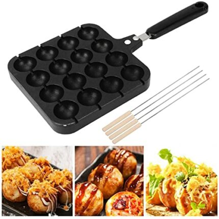 Fiacvrs 16 Holes Nonstick Takoyaki Maker, Multifunction Takoyaki Grill Pan Plate with 4 Baking Pins Pancake Octopus Ball Grill Maker for Pancake