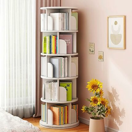 foriy 5 Tier Rotating Bookshelf High-Density Bookcase Modern 360° Tall Book Shelf Storage Display Rack Floor Standing Shelves with Baffle for Hom