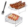 2 Pack Air Fryer Rack, Double Layer Rack Air Fryer Accessories with 4 Barbecue Skewers and Brush, Stainless Steel Grilling Rack Fit for Ninja Dua