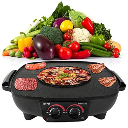 Ejoyous Electric Hot Pot 2 in 1, Multifunctional Cast Aluminum Electric Grill and Hot Pot with Glass Lid, 1.8L Dual Temperature Control Electric