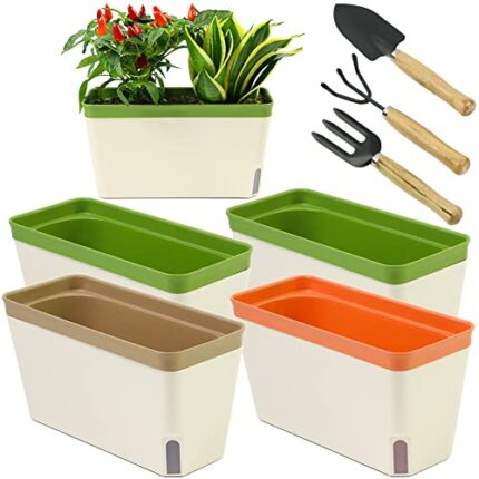 Nachlesy Windowsill Planter Box, 4 Pack Indoor Self Watering Plastic Plant Flower Pots,Good Drainage Window Box Planting Pot with Visual Water Le