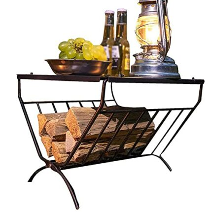 OPSREY Fireplace Wood Storage Shelf, Metal Firewood Log Holder, Folding Firewood Rack with Tabletop, Wood Pile Storage Stacker Organizer for Indo