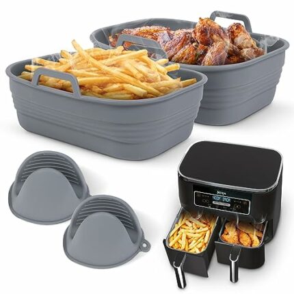 CaringCook Air Fryer Liners 2 Piece with Silicone Oven Mitts, Reusable Silicone Liners Compatible with Ninja AF400UK Dual Air Fryer, Foldable Hea