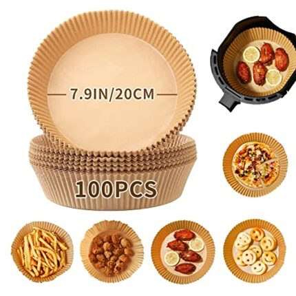 Air Fryer Liners, Bunniemen 100pcs 7.9in Airfryer Liners Food Grade Baking Parchment Paper Liners for Air Fryer, Greaseproof, Waterproof, Non-Sti
