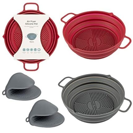 2 x Collapsible Air Fryer Silicone Liners with Gloves & Brushes, Reusable Food Grade Air Fryer Accessories (Grey & Berry)