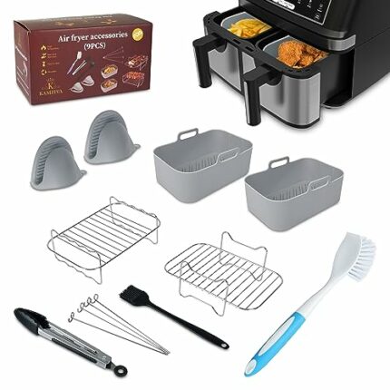 Silicone Air Fryer Liner, 9 PCS for Ninja Dual Air Fryer Accessories AF300UK AF400UK, Air Fryer Rack, Air Fryer Liners Silicone, Food Clip, Silic