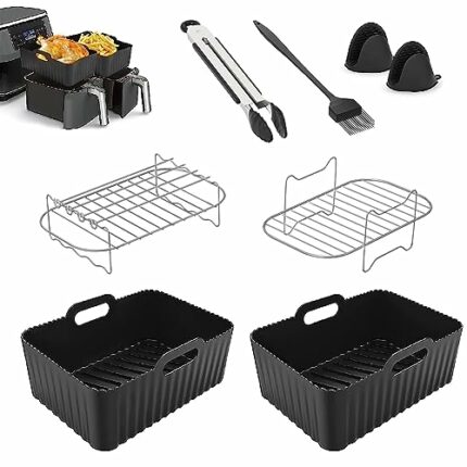 Air Fryer Accessories, Silicone Air Fryer Liners Set for Ninja Air Fryer Dual AF300UK AF400UK & Tower, with Airfryer Liner Basket & Air Fryer Rac