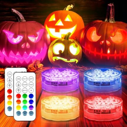 Trayvespace Halloween LED Pumpkin Lights, Hot Tub Lights with RF Remote, Waterproof Underwater Light LED for Vase, Bath, Pool, Christmas, Hallowe